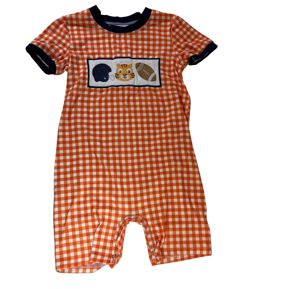 Whit B Stitchin & More LLC‎ Gingham Romper Auburn Tigers 4T Short Sleeve